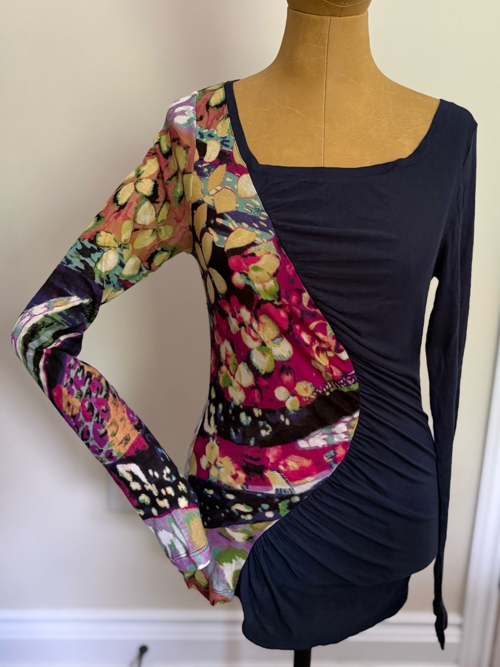 NWT ANTHROPOLOGIE Navy & Multicolor Ruched Asymmetric Long-Sleeve Top (S)